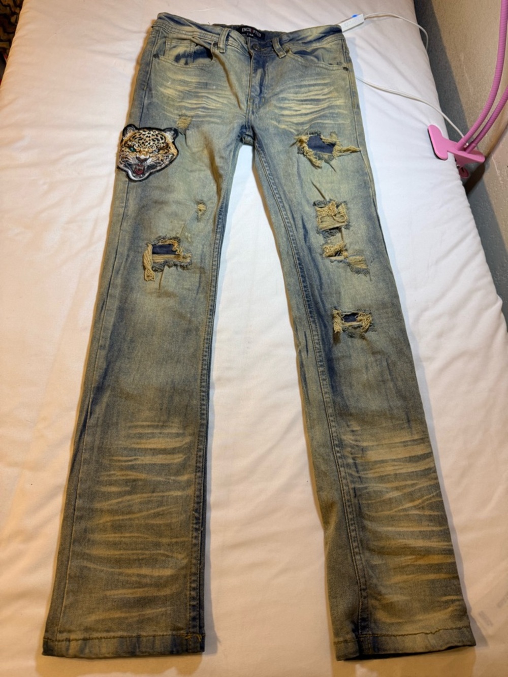 Kids Distressed Light Blue Jeans with Leopard Patch